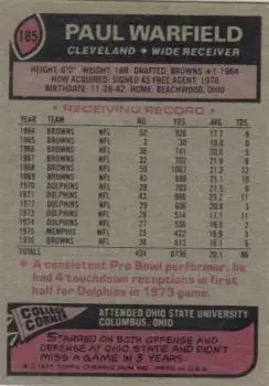 1977 Topps #185 - Paul Warfield - Cleveland Browns - Back