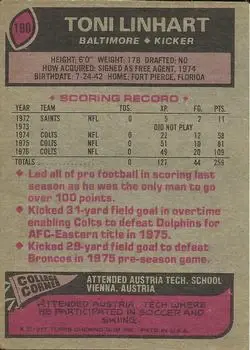 1977 Topps #190 - Toni Linhart - Baltimore Colts - Back