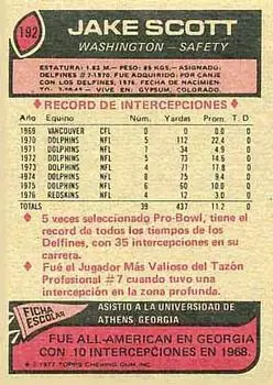 1977 Topps Mexican #192 - Jake Scott - Washington Redskins - Back 1977 Topps Mexican #192 - Jake Scott - Washington Redskins - Back