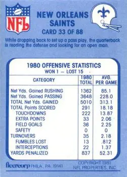 1981 Fleer Team Action #33 - Card #33 - New Orleans Saints