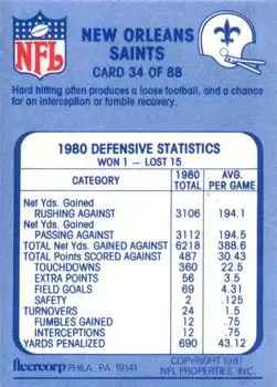 1981 Fleer Team Action #34 - Card #34 - New Orleans Saints