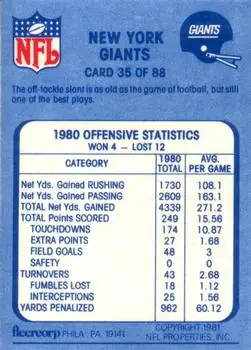 1981 Fleer Team Action #35 - Card #35 - New York Giants