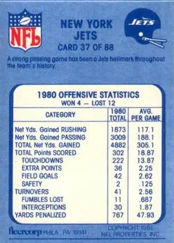 1981 Fleer Team Action #37 - Card #37 - New York Jets