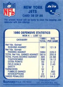 1981 Fleer Team Action #38 - Card #38 - New York Jets