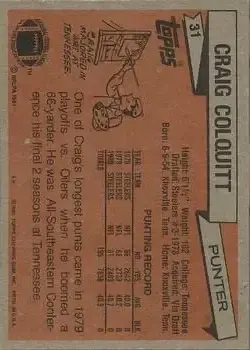 1981 Topps #31 - Craig Colquitt - Pittsburgh Steelers