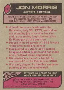 1977 Topps #193 - Jon Morris - Detroit Lions