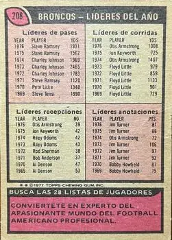 1977 Topps Mexican #208 - Card #208 - Denver Broncos - Back