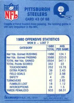 1981 Fleer Team Action #43 - Card #43 - Pittsburgh Steelers