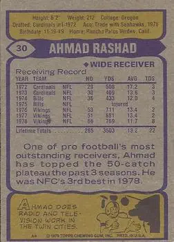 1979 Topps #30 - Ahmad Rashad - Minnesota Vikings - Back 1979 Topps #30 - Ahmad Rashad - Minnesota Vikings - Back