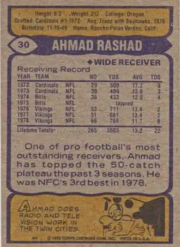 1979 Topps #30 - Ahmad Rashad - Minnesota Vikings - Back 1979 Topps #30 - Ahmad Rashad - Minnesota Vikings - Back