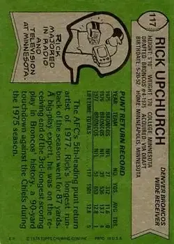 1978 Topps #117 - Rick Upchurch - Denver Broncos - Back