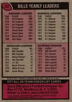 1977 Topps #203 - Card #203 - Buffalo Bills