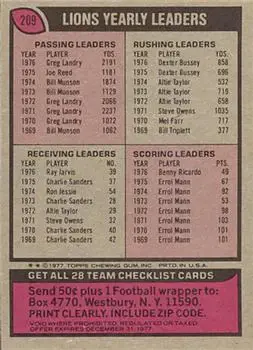 1977 Topps #209 - Card #209 - Detroit Lions