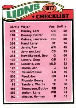 1977 Topps #209 - Card #209 - Detroit Lions