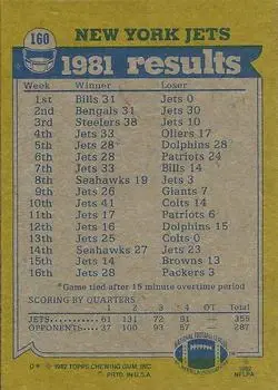 1982 Topps #160 - Card #160 - New York Jets