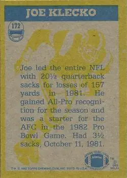 1982 Topps #172 - Joe Klecko - New York Jets