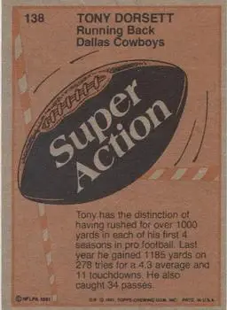 1981 Topps #138 - Tony Dorsett - Dallas Cowboys - Back