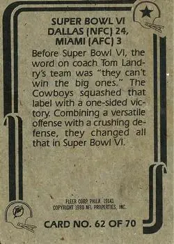 1980 Fleer Team Action #62 - Card #62 - Back