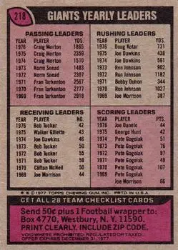 1977 Topps #218 - Card #218 - New York Giants