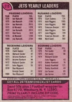 1977 Topps #219 - Card #219 - New York Jets