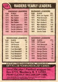 1977 Topps #220 - Card #220 - Oakland Raiders
