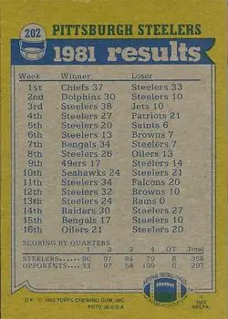 1982 Topps #202 - Card #202 - Pittsburgh Steelers