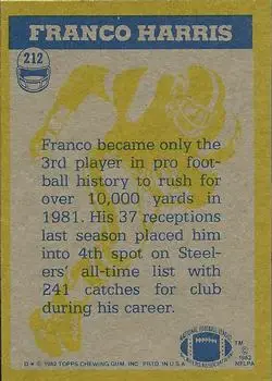 1982 Topps #212 - Franco Harris - Pittsburgh Steelers