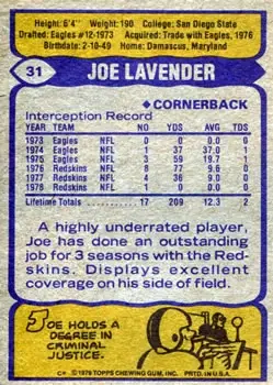 1979 Topps #31 - Joe Lavender - Washington Redskins