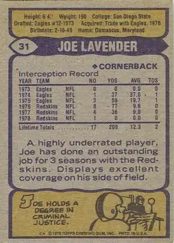 1979 Topps #31 - Joe Lavender - Washington Redskins