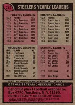 1977 Topps #222 - Card #222 - Pittsburgh Steelers - Back