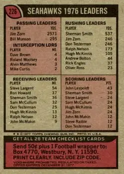 1977 Topps #226 - Card #226 - Seattle Seahawks