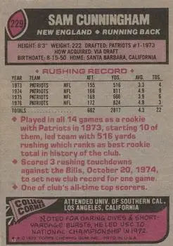 1977 Topps #229 - Sam Cunningham - New England Patriots