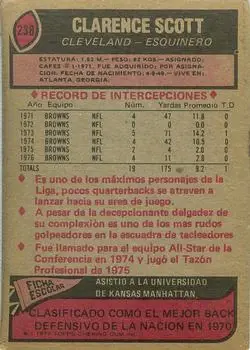 1977 Topps Mexican #238 - Clarence Scott - Cleveland Browns - Back