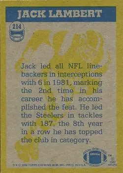 1982 Topps #214 - Jack Lambert - Pittsburgh Steelers