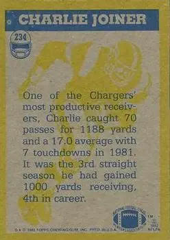 1982 Topps #234 - Charlie Joiner - San Diego Chargers - Back 1982 Topps #234 - Charlie Joiner - San Diego Chargers - Back