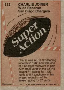 1981 Topps #312 - Charlie Joiner - San Diego Chargers - Back 1981 Topps #312 - Charlie Joiner - San Diego Chargers - Back