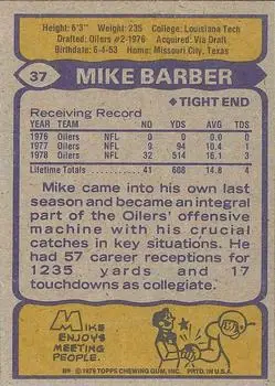 1979 Topps #37 - Mike Barber - Houston Oilers - Back