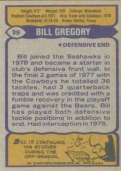 1979 Topps #39 - Bill Gregory - Seattle Seahawks