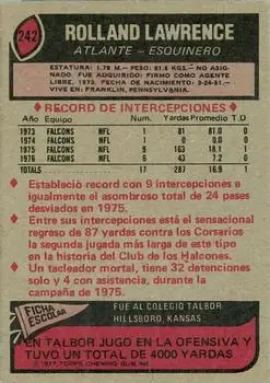 1977 Topps Mexican #242 - Rolland Lawrence - Atlanta Falcons - Back 1977 Topps Mexican #242 - Rolland Lawrence - Atlanta Falcons - Back