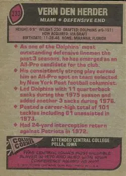 1977 Topps #233 - Vern Den Herder - Miami Dolphins - Back