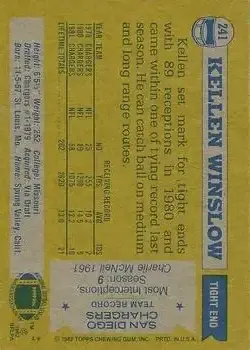 1982 Topps #241 - Kellen Winslow Sr. (b.1957 TE) - San Diego Chargers