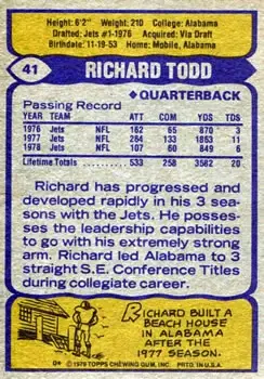1979 Topps #41 - Richard Todd - New York Jets