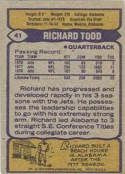 1979 Topps #41 - Richard Todd - New York Jets