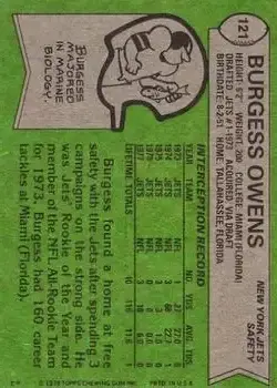 1978 Topps #121 - Burgess Owens - New York Jets - Back 1978 Topps #121 - Burgess Owens - New York Jets - Back