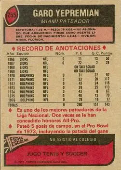 1977 Topps Mexican #255 - Garo Yepremian - Miami Dolphins - Back