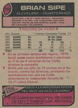 1977 Topps Mexican #259 - Brian Sipe - Cleveland Browns