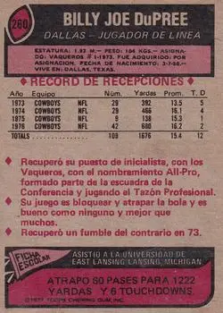 1977 Topps Mexican #260 - Billy Joe DuPree - Dallas Cowboys - Back 1977 Topps Mexican #260 - Billy Joe DuPree - Dallas Cowboys - Back
