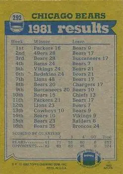 1982 Topps #292 - Card #292 - Chicago Bears