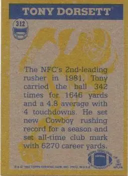 1982 Topps #312 - Tony Dorsett - Dallas Cowboys