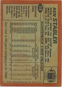 1983 Topps #118 - Ken Stabler - New Orleans Saints